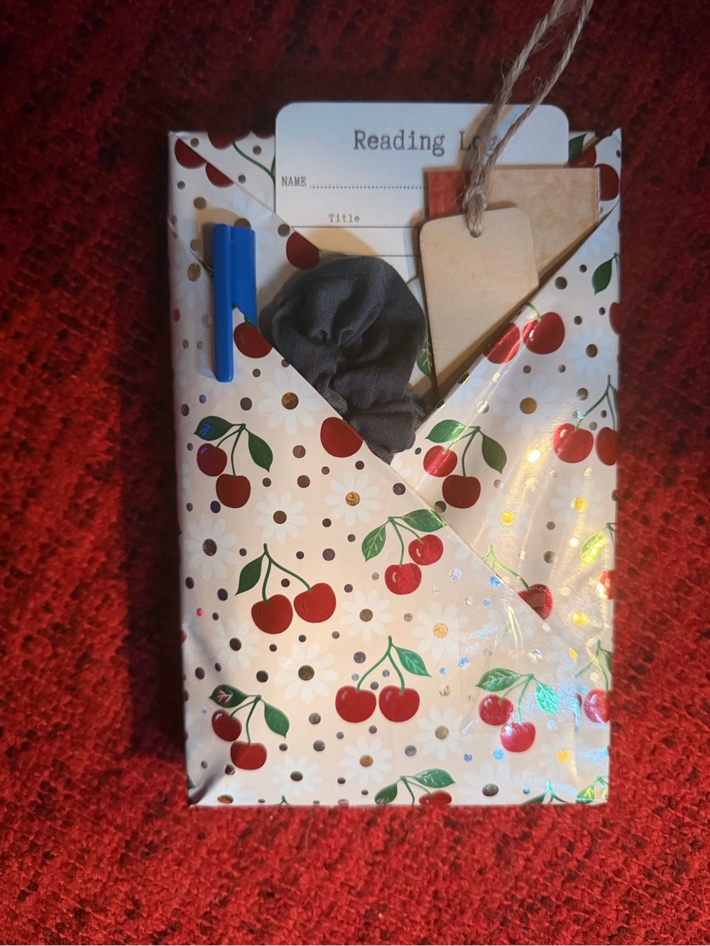 Cherry Print Pocket Gift Pouch with Tags and Clip